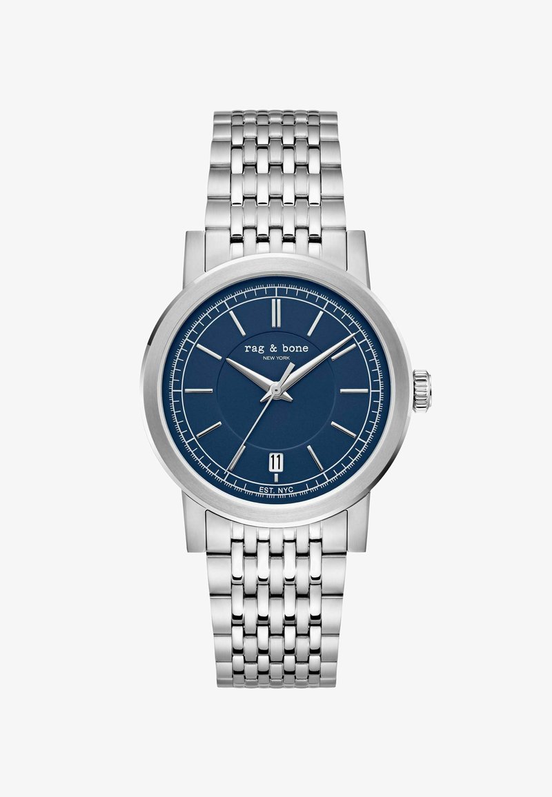 Montre-bracelet en métal argenté avec cadran bleu, index et aiguilles argentés, fenêtre de date à 6 heures, et marqué "rag & bone NEW YORK".