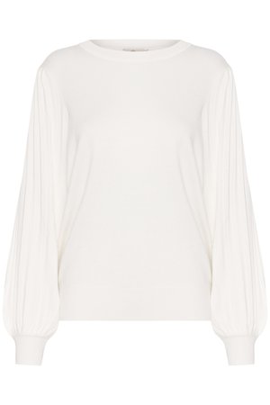 Weißer Pullover mit langen Ärmeln, gerippten, voluminösen Ärmeln und enganliegenden Bündchen, mit rundem Ausschnitt und schlichtem, glattem Körper.