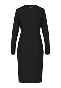 Schwarzes langärmliges Kleid mit tailliertem Schnitt, knielangem Saum und einem Rückenverschluss mit einem kleinen goldenen Detail am Ausschnitt.