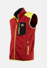 Rote Fleece-Weste mit schwarzen Akzenten, mit Reißverschlusstaschen und gelben Details. Verfügt über einen hohen Kragen und Armlöcher, aus leichtem Material.