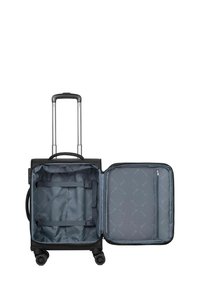 Valigia rigida nera con quattro ruote, manico estraibile e un interno grigio che presenta cinghie e una tasca con zip.