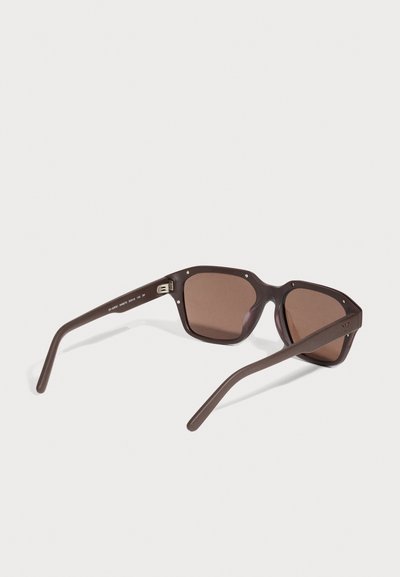 Lunettes de soleil marron aux verres teintés foncés et à la monture rectangulaire épaisse, présentées de biais sur un fond clair uni.