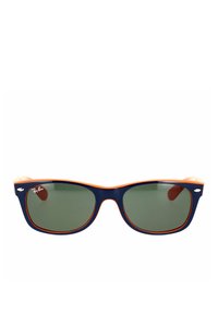 Occhiali da sole Ray-Ban con montatura in plastica blu scuro e dettagli arancioni. Lenti verdi con un design elegante e logo metallico sul frontale.