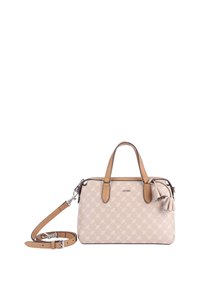 Sac à main en synthétique beige avec des accents en cuir beige contrastés, double poignées, bandoulière amovible et surface à motifs arborant de petits logos.
