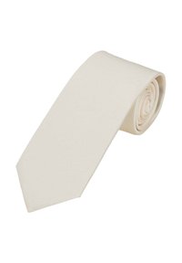 Silk tie in ivory color, featuring a smooth texture and subtle diagonal ribbing, tapering to a pointed end. Rolled to display.