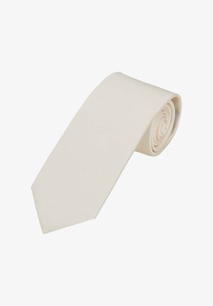 Seidene Krawatte in Elfenbeinfarbe mit glatter Textur und dezentem diagonalen Rippmuster, zulaufend zu einem spitzen Ende. Aufgerollt dargestellt.