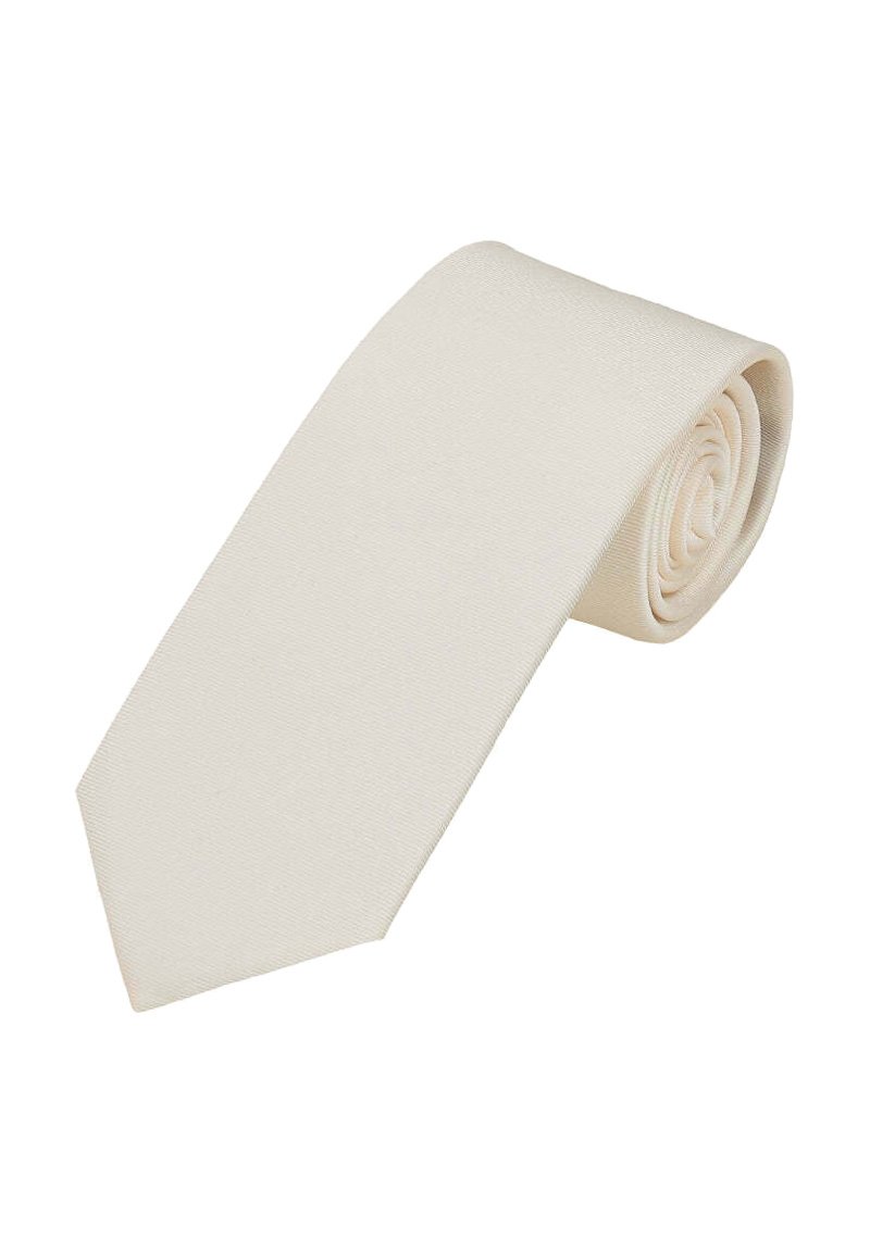 Silk tie in ivory color, featuring a smooth texture and subtle diagonal ribbing, tapering to a pointed end. Rolled to display.