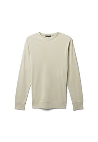 Felpa a maniche lunghe color beige chiaro realizzata in materiale morbido. Presenta un collo rotondo e polsini a costine sulle maniche e sull'orlo. Design semplice e privo di decorazioni.