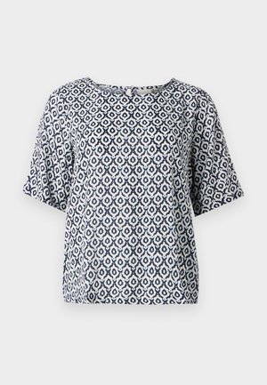 Navy en witte gestreepte top met korte mouwen en een ronde halslijn, versierd met geometrische motieven. Gemaakt van lichtgewicht materiaal met een ontspannen pasvorm.