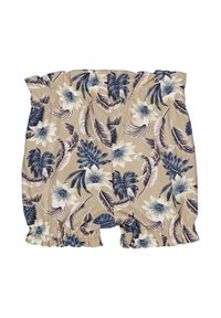 Shorts floreali realizzati in tessuto morbido, con uno sfondo beige e fiori blu e bianchi, e vita elastica con orli arricciati.
