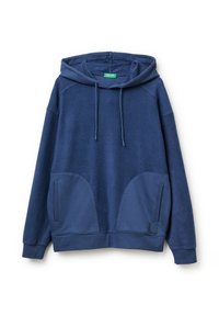 Sudadera azul marino confeccionada en tela suave, con un gran bolsillo frontal, cordones ajustables y puños y dobladillo acanalados.