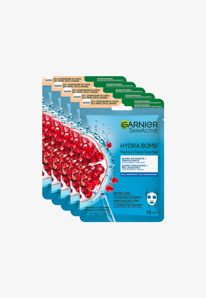 Garnier - MASCHERA IN TESSUTO HYDRABOMB, FORMULA IDRATANTE ED ENERGIZZANTE PER PELLI DA DISSETARE, MELOGRANO, 32 ML - 5 PACK - Maschera viso, Ingrandire