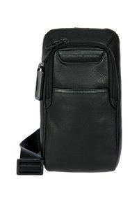 Sac bandoulière en cuir noir avec une finition texturée, équipé d'une poche zippée à l'avant, d'une bandoulière réglable et du marquage Porsche Design.