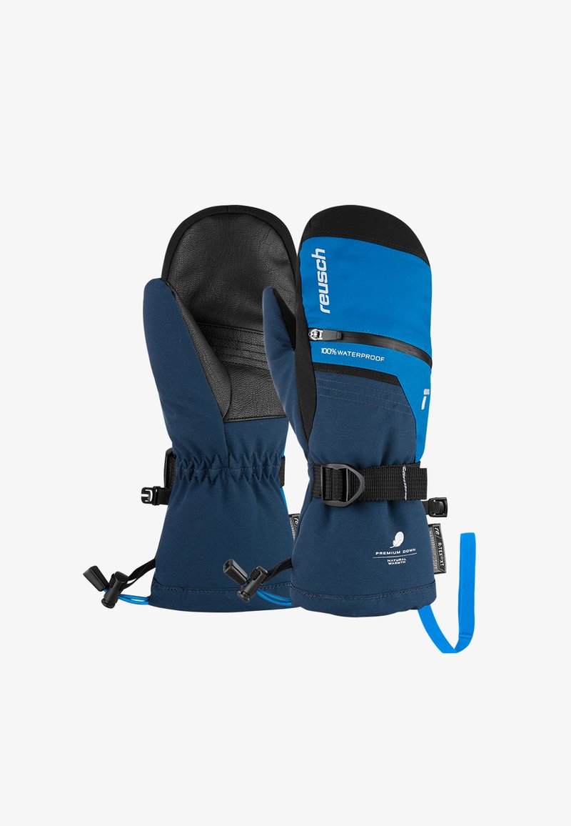 Moufles imperméables avec un extérieur en tissu bleu foncé et des paumes en cuir noir. Comprend des poignets ajustables et un accent bleu vif à l'arrière.