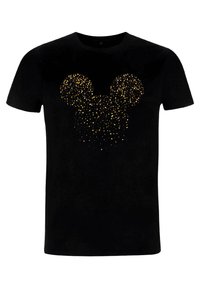 Černé bavlněné tričko s ozdobným zlatým puntíkovaným obrysem Mickey Mouse na přední straně. Krátké rukávy a kulatý výstřih.