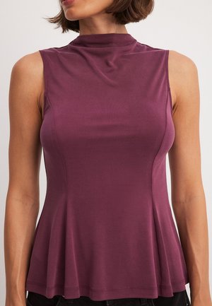 Burgundy sleeveless top with a high neck, made of smooth fabric. Features a flared hemline and clean stitching details.