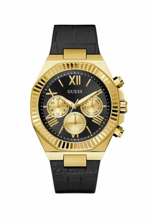 Montre chronographe noire et dorée avec trois sous-cadrans, bracelet noir texturé et grands index horaires dorés, mettant en avant un design moderne.