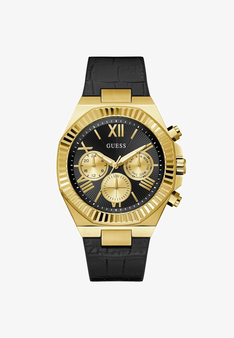 Orologio cronografo oro e nero con tre sottodial, cinturino nero testurizzato e marcatori delle ore in oro prominenti, che mette in mostra un design moderno.