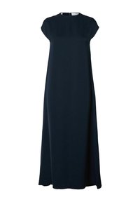 Abito blu navy con maniche a cappuccio realizzato in tessuto liscio. Lunghezza maxi con vestibilità morbida e chiusura con zip sul retro discreta. Nessun motivo o decorazioni.