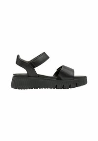 Černé kožené wedges sandály se širokými pásky, texturovaným povrchem, nastavitelým páskem kolem kotníku a drážkovanou podrážkou pro lepší přilnavost.