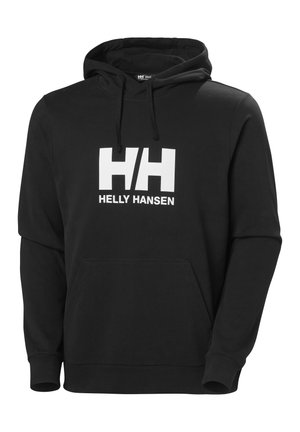 Sudadera negra hecha de una mezcla de tela de algodón. Presenta un bolsillo frontal estilo canguro, capucha ajustable con cordón y un logo blanco en el pecho.