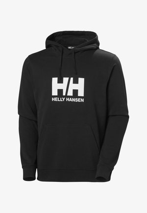 Sudadera negra hecha de una mezcla de tela de algodón. Presenta un bolsillo frontal estilo canguro, capucha ajustable con cordón y un logo blanco en el pecho.
