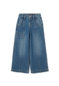 Jeans de mezclilla de pierna ancha en azul claro, con una cintura alta, múltiples bolsillos y un diseño de panel cosido con una textura suave.