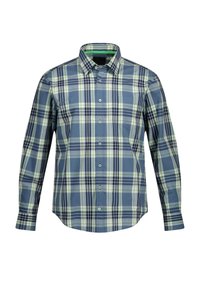 Camicia a maniche lunghe con bottoni, caratterizzata da un motivo a quadri blu, verde e navy, realizzata in morbido tessuto di cotone, con colletto classico e chiusura a bottoni.