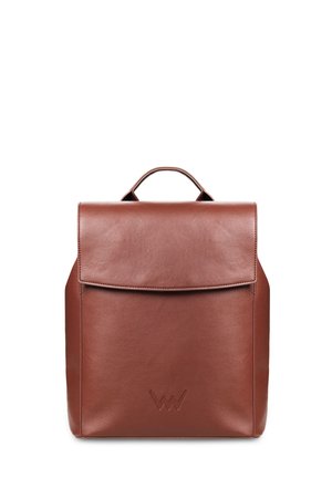 Brown leather backpack with a structured shape, a flap closure, top handle, and embossed logo detail at the front. Smooth texture.