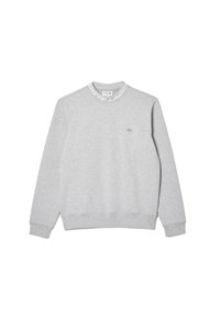 Sweatshirt grigio in tessuto morbido con scollatura rotonda. Presenta un orlo e polsini a costine spessi. Piccolo logo sul petto e dettaglio del colletto con marchio.