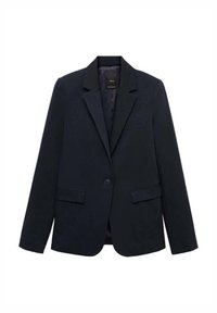Blazer bleu marine foncé avec un revers cranté, une fermeture à un bouton, deux poches avant, et une doublure intérieure lisse. Design classique et ajusté.