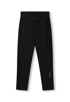 Pantaloni neri in lino con vita regolabile, tasche laterali e design a gamba dritta. Presentano un sottile dettaglio del logo sul lato inferiore.