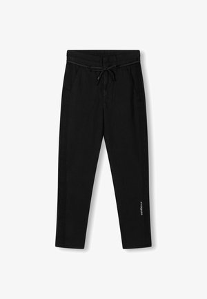 Schwarze Leinenhosen mit einem Kordelzugbund, seitlichen Taschen und einem geraden Bein. Das Design beinhaltet ein dezentes Logodetail an der unteren Seite.
