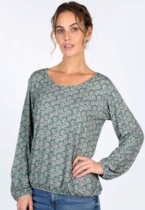 Langärmliges grünes Oberteil mit floralem Druck in Pink und Weiß. Mit Rundhalsausschnitt und elastischem Saum. Hergestellt aus einem leichten, weichen Stoff.
