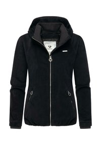 Black hooded jacket made of soft fabric, featuring a front zipper, two zippered side pockets, and ribbed cuffs. Minimalist design.