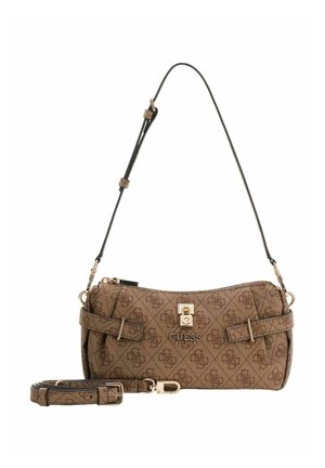 Sac bandoulière marron monogrammé avec ferrures dorées, sangle réglable et deux accents de boucle à l'avant. Matière texturée et fermeture éclair.