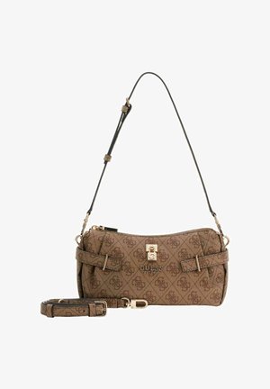 Sac bandoulière marron monogrammé avec ferrures dorées, sangle réglable et deux accents de boucle à l'avant. Matière texturée et fermeture éclair.