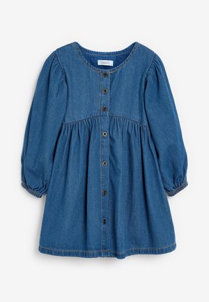 Blå denim kjole med lange ærmer til børn med rund halsudskæring, knaplukning foran, taljesamling og elastiske manchetter.