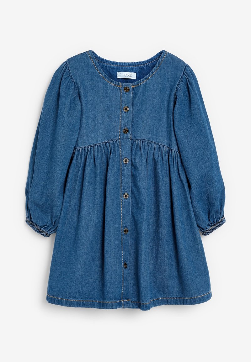 Robe longue en denim bleu pour enfants, à manches longues, avec col rond, fermeture boutonnée à l'avant, taille froncée et poignets élastiques.