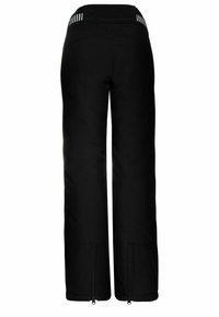 Čierne nohavice so širokým strihom, ktoré majú hladkú štruktúru, zips na členkoch a pruhovaný pásový detail na zadnej strane.
