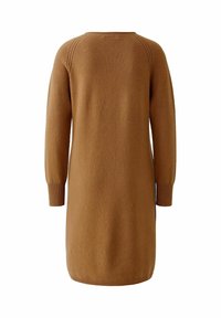 Braun gestricktes Kleid in mittellanger Ausführung, mit rundem Ausschnitt und gerippten Bündchen. Weiche Textur mit glatter Oberfläche und Raglanärmeln.