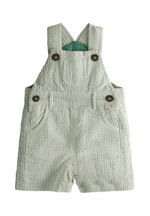 Világoszöld és fehér csíkos pamut babarugdalózó állítható pántokkal és barna gombokkal, mellkasi zsebbel és oldalzsebekkel.