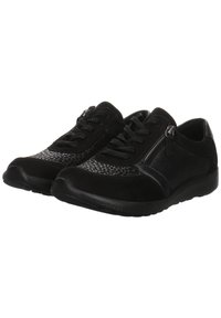 Black shoes featuring a mix of suede and textured material, with a lace-up design and side zipper for easy access. Thick, textured sole.