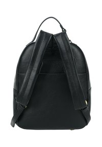 Zaino in pelle nera con forma arrotondata, dotato di doppi spallacci e una texture liscia che mostra un motivo di grana sottile.