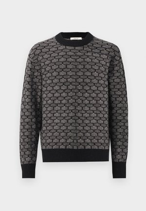 Black and grey patterned knit sweater with ribbed crew neck, cuffs, and hem, displayed against plain light background.