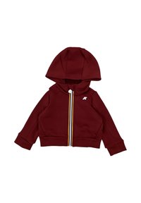 Felpa con zip color borgogna con cappuccio, caratterizzata da una cerniera bianca e strisce di colore a blocchi. Tessuto morbido, polsini e orlo a costine.