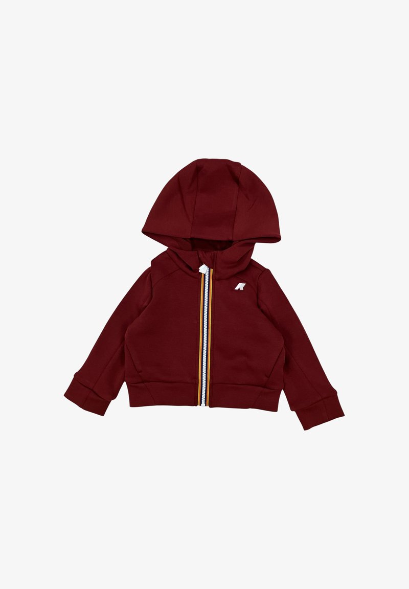 Felpa con zip color borgogna con cappuccio, caratterizzata da una cerniera bianca e strisce di colore a blocchi. Tessuto morbido, polsini e orlo a costine.