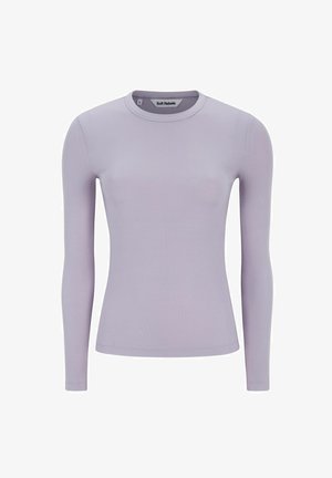 Lichtpaarse lange mouwen top van ribstof, met een ronde halslijn en een aansluitende pasvorm. Eenvoudig ontwerp zonder zichtbare patronen of accenten.