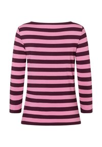 Langärmliges Oberteil mit horizontalen rosa und dunkelvioletten Streifen, Rundhalsausschnitt und weichem Baumwollmaterial.