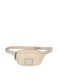 Marsupio beige in morbido tessuto, con un compartimento principale rettangolare, cinturino regolabile e un'etichetta con il logo "STUDIO BERLIN".